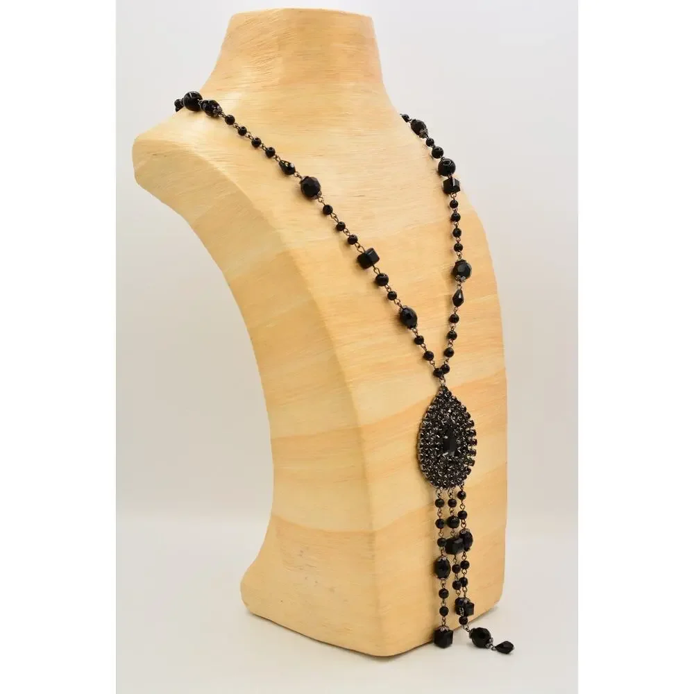 Coldwater Creek Vintage Black Rhinestone Teardrop Tassel Statement Necklace BinY